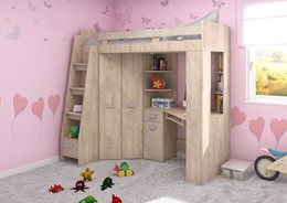 Łóżko piętrowe z biurkiem szafą narożną antresola SOLA L endgrain gr.migdał