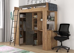 Łóżko piętrowe z biurkiem szafą narożną antresola FLO L craft złoty gr brąz