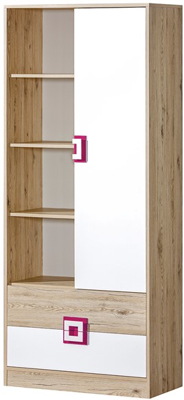 meble NICO 04 regał na książki zabawki z półkami szufladami dąb biały róż