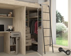 RAVENA P antresola łóżko piętrowe z biurkiem szafą komodą dąb endgra. beton