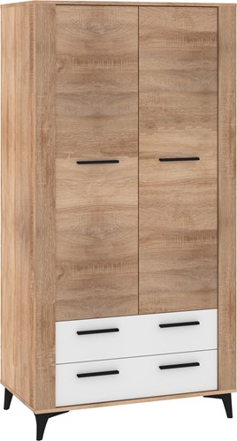 meble MIGES 12 szafa z szufladami drążkiem na nóżkach dąb sonoma biały poł