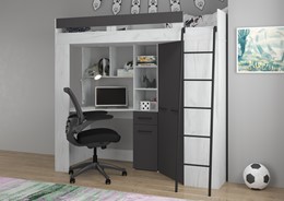 Łóżko piętrowe z biurkiem szafą narożną antresola FLO P craft biały grafit
