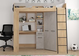 Łóżko piętrowe z biurkiem szafą narożną antresola FLO P dąb cremona beton