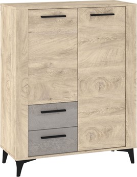 meble MIGES 08 regał z szufladami drzwiami na nóżkach dąb endgrain beton sz