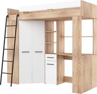 Łóżko piętrowe z biurkiem szafą narożną antresola FLO L dąb sonoma biały