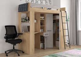 Łóżko piętrowe z biurkiem szafą narożną antresola FLO P dąb cremona beton