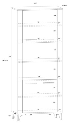 meble MIGES 09 wysoki regał z półkami drzwiami na nóżkach dąb cremona grana