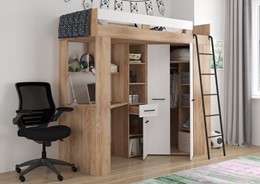 Łóżko piętrowe z biurkiem szafą narożną antresola FLO P dąb sonoma biały