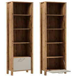 meble INDYGO R1K wąski regał z półkami drzwiami otwarty dąb wotan beż