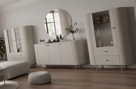 meble OVALIO #4 pokojowe zestaw komoda witryna lustro beż piaskowy