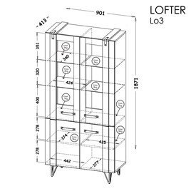 meble LOFTER 03 witryna do salonu loft na nóżkach szklana dąb wotan / beton