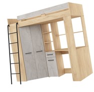 Łóżko piętrowe z biurkiem szafą narożną antresola FLO L dąb cremona beton