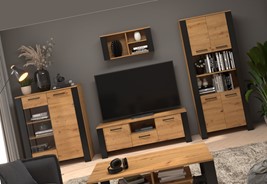 meble DELIS #1 zestaw witryna szafka RTV regał półka dąb artisan czarny