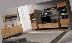 meble JOHN 2 #1 zestaw komoda witryna wisząca szafka RTV półka dąb lefkas