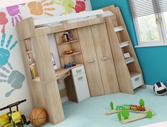 Łóżko piętrowe z biurkiem szafą narożną antresola SOLA P dąb sonoma biały