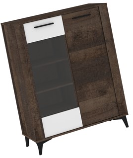 meble MIGES 14 niska witryna do salonu na nóżkach dąb grange biały połysk