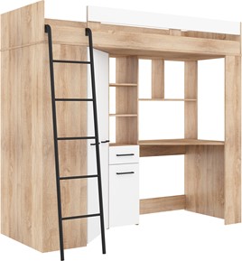 Łóżko piętrowe z biurkiem szafą narożną antresola FLO L dąb sonoma biały