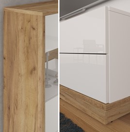 meble BRITA 27 wysoka witryna do salonu dąb craft złoty biały połysk