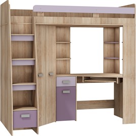 Łóżko piętrowe z biurkiem szafą narożną antresola SOLA L dąb sonoma fiolet