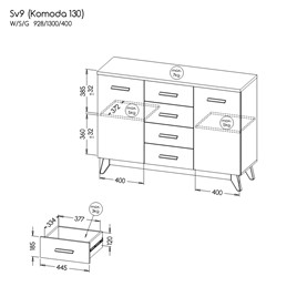 meble SVEN 09 duża komoda skandynawska z szufladami drzwiami na nóżkach 130