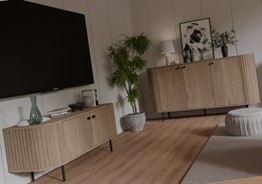 meble OVALIO #2 pokojowe zestaw komoda szafka RTV na nóżkach dąb cremona