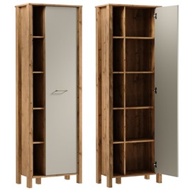 meble INDYGO R1D wąski regał z półkami drzwiami zamknięty dąb wotan beż