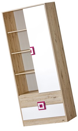 meble NICO 04 regał na książki zabawki z półkami szufladami dąb biały róż