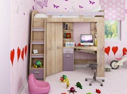 Łóżko piętrowe z biurkiem szafą narożną antresola SOLA L dąb sonoma fiolet