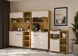 meble kuchenne SOLEA bufet 80+120+R70 stolik kawiarka dąb artisan cashmere