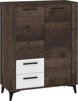 meble MIGES 08 regał z szufladami drzwiami na nóżkach dąb grange biały poły