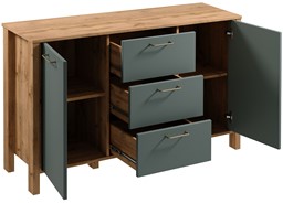 meble INDYGO K2D3S komoda z szufladami drzwiami do salonu dąb wotan zieleń