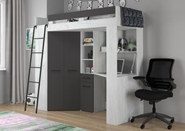 Łóżko piętrowe z biurkiem szafą narożną antresola FLO L craft biały grafit