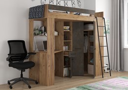 Łóżko piętrowe z biurkiem szafą narożną antresola FLO P craft złoty gr brąz