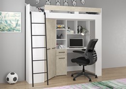 Łóżko piętrowe z biurkiem szafą narożną antresola FLO L biały gran. migdał