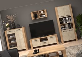 meble DELIS #1 zestaw witryna szafka RTV regał półka dąb cremona gr migdał