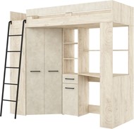 Łóżko piętrowe z biurkiem szafą narożną antresola FLO L endgrain gr. migdał