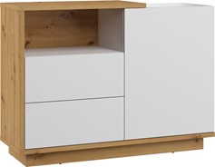 meble BRITA 03 komoda z szufladami drzwiami półką dąb artisan biały połysk
