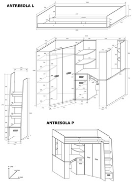 Łóżko piętrowe z biurkiem szafą narożną antresola SOLA L dąb sonoma biały