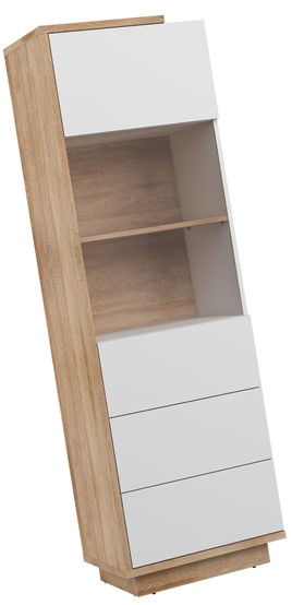 meble BRITA 27 wysoka witryna do salonu dąb sonoma biały połysk