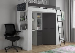 Łóżko piętrowe z biurkiem szafą narożną antresola FLO P craft biały grafit