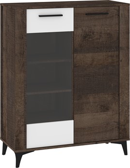 meble MIGES 14 niska witryna do salonu na nóżkach dąb grange biały połysk