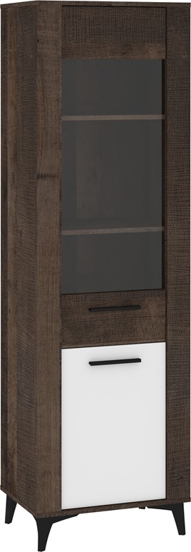 meble MIGES 15 wysoka witryna do salonu na nóżkach dąb grange biały połysk