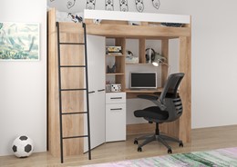 Łóżko piętrowe z biurkiem szafą narożną antresola FLO L dąb sonoma biały