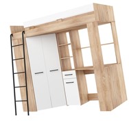 Łóżko piętrowe z biurkiem szafą narożną antresola FLO L dąb sonoma biały