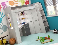 Łóżko piętrowe z biurkiem szafą narożną antresola SOLA P craft biały grafit