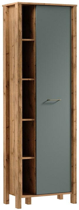 meble INDYGO R1D wąski regał z półkami drzwiami zamknięty dąb wotan zieleń