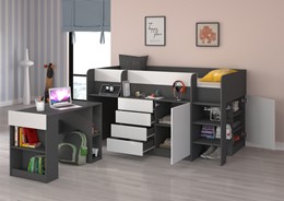 Łóżko piętrowe biurko komoda z szufladami antresola EMI P grafit / biały