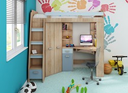 Łóżko piętrowe z biurkiem szafą narożną antresola SOLA L dąb sonoma błękit
