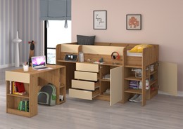 Łóżko piętrowe biurko komoda z szufladami antresola EMI P dąb artisan krem