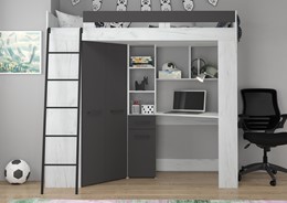 Łóżko piętrowe z biurkiem szafą narożną antresola FLO L craft biały grafit